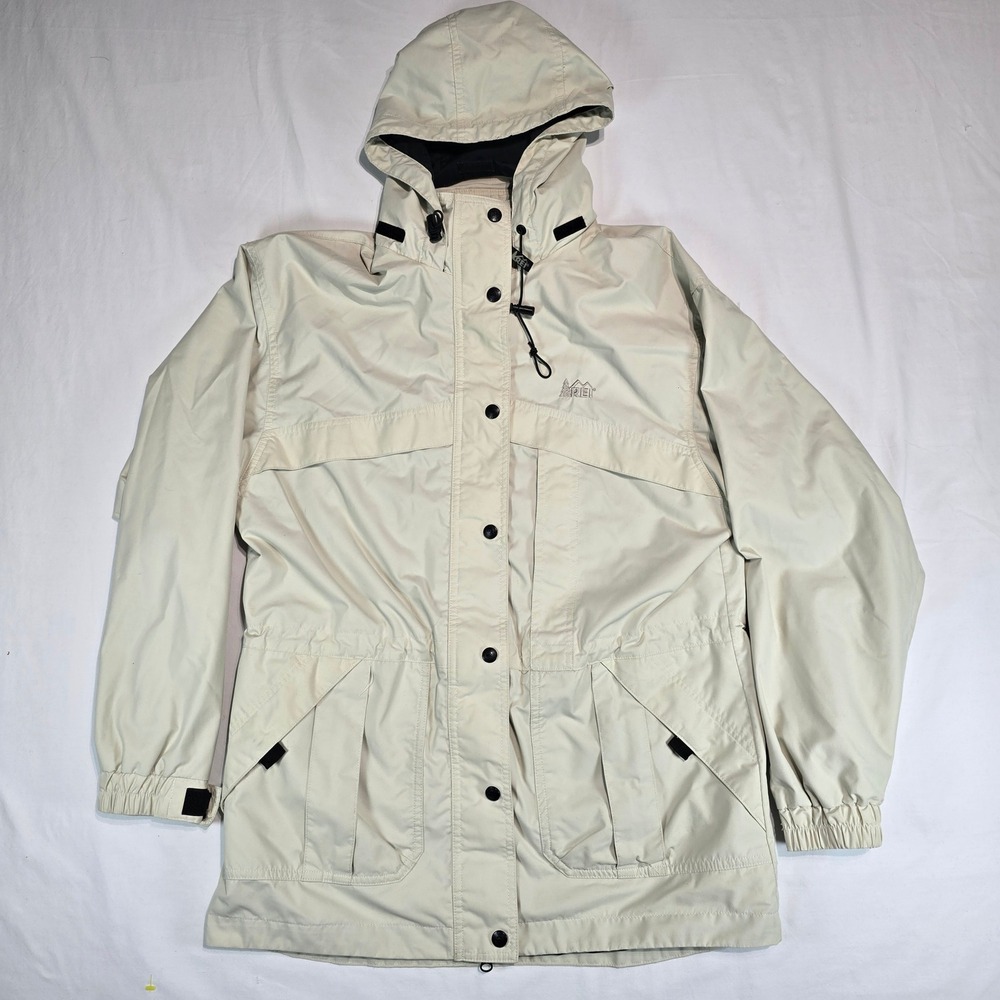 REI Elements Hooded Rain Jacket Womens Medium Cream Beige Full Zip Outdoor Parka
